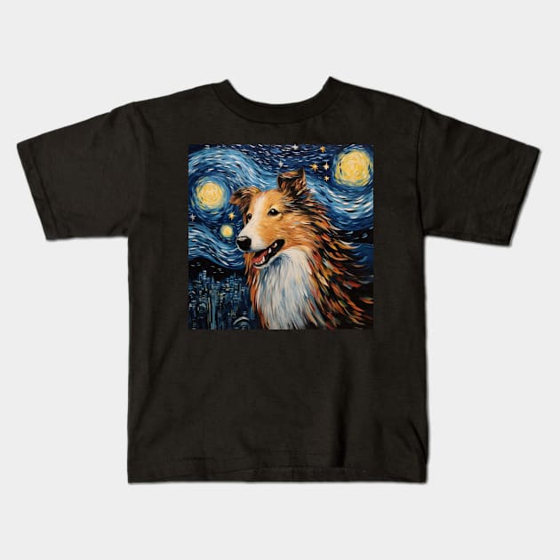 Rough Collie Starry Night Kids T-Shirt by NatashaCuteShop